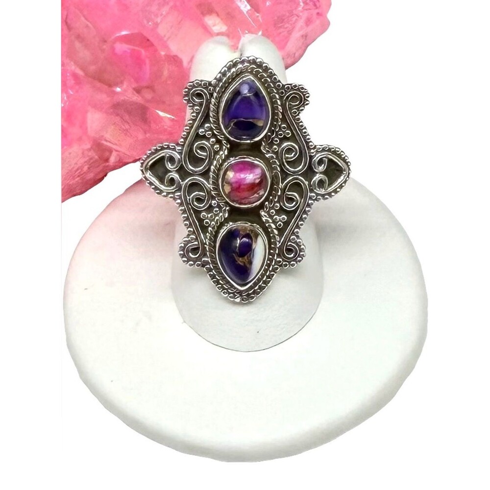 Kingman Pink Purple Dahlia Turquoise Ring Size 7 Solid 925 Sterling Silver